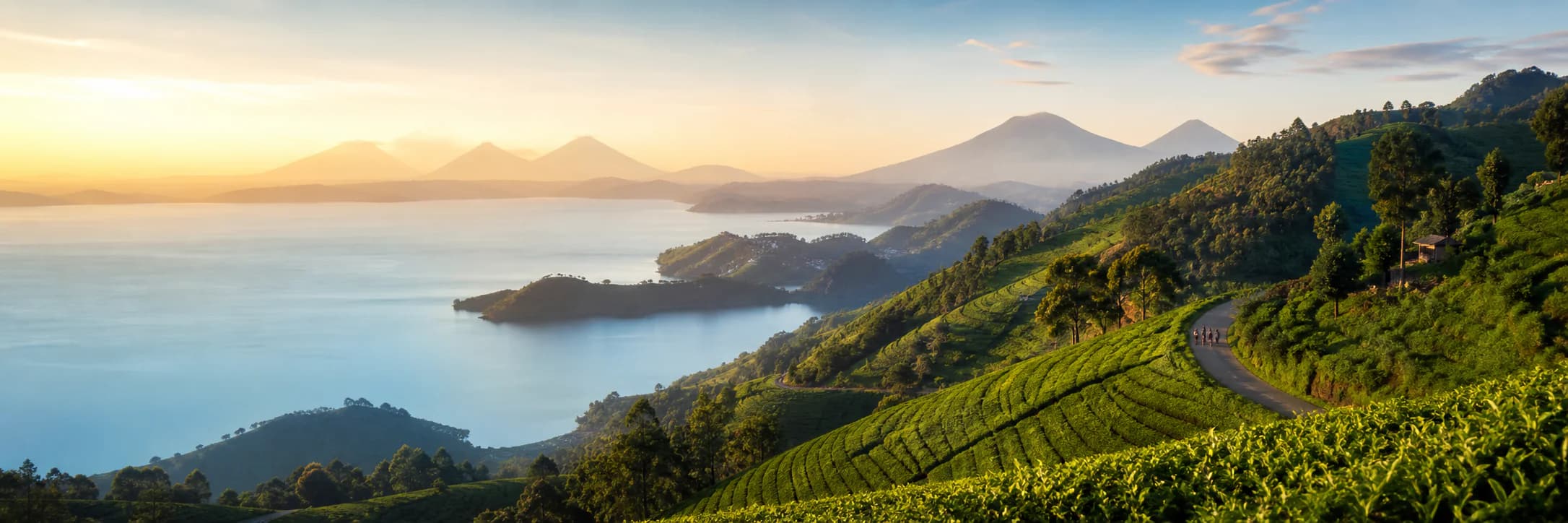 Green hills and lake landscape in Rwanda