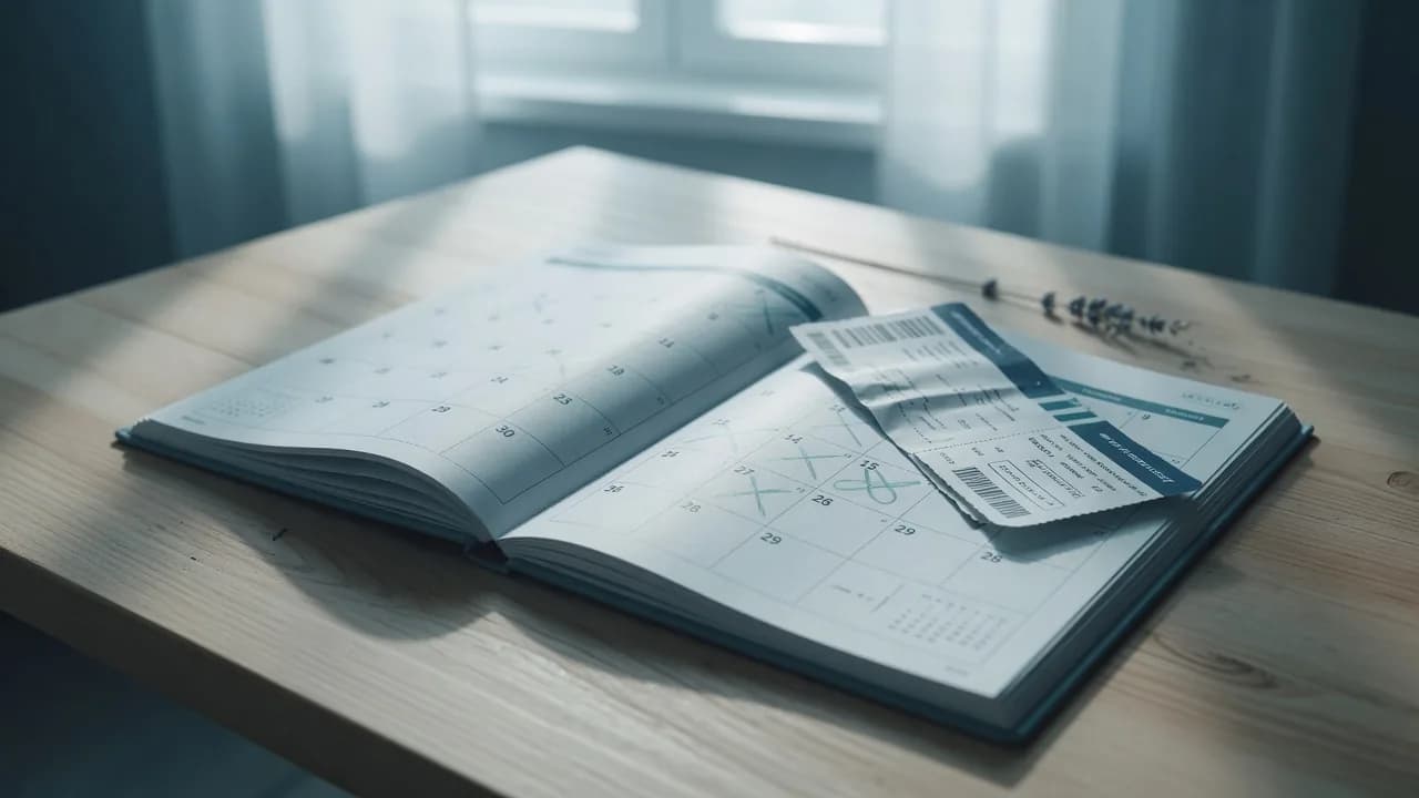 Open desk calendar with marked dates and boarding-pass stubs in soft window light