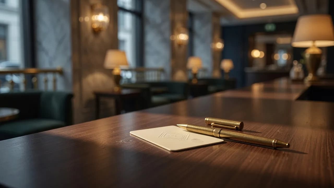 Hotel key card and brass pen on a polished wood reception counter