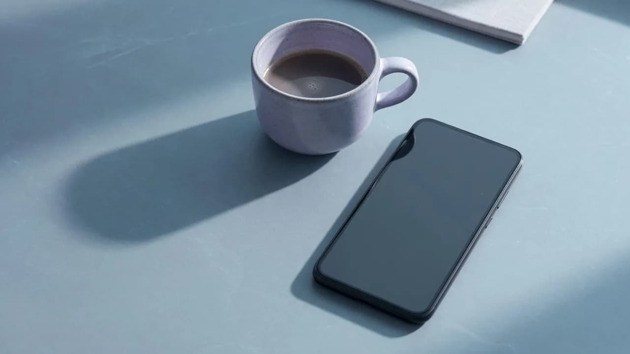 Smartphone with a blank screen beside a coffee cup on a cool blue desk