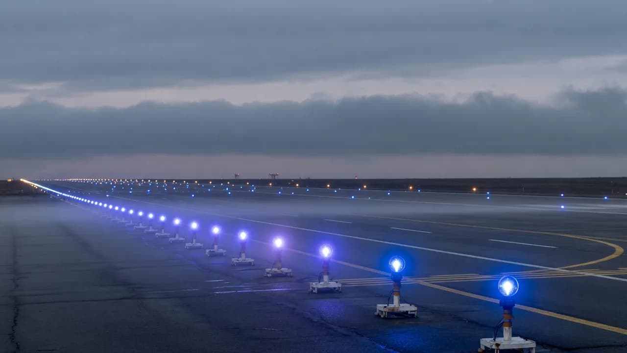 Blue runway edge lights stretching into fog under a heavy grey sky